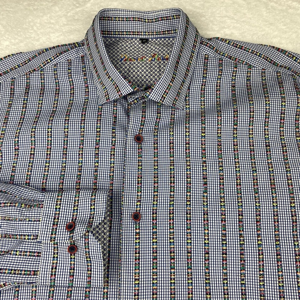 Visconti Black Shirt Mens XL Multicolor Stripes on Blue Checks Flip Cuffs